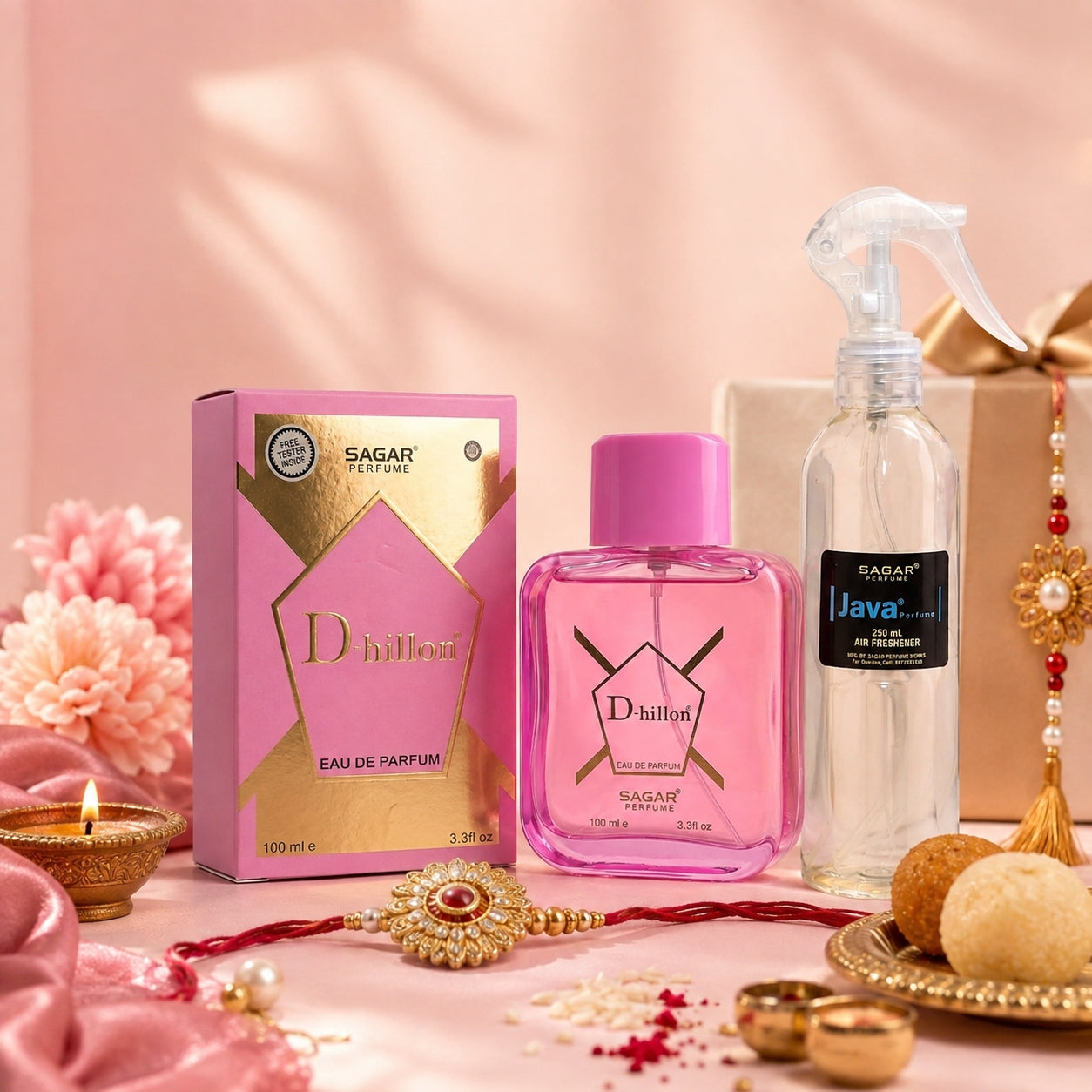 Perfume Gift Set for Raksha Bandhan - For Women - 100ml + Room Freshener - Sagar Perfume - D-Hillon, Sagar Java Room Freshener - Kizzo