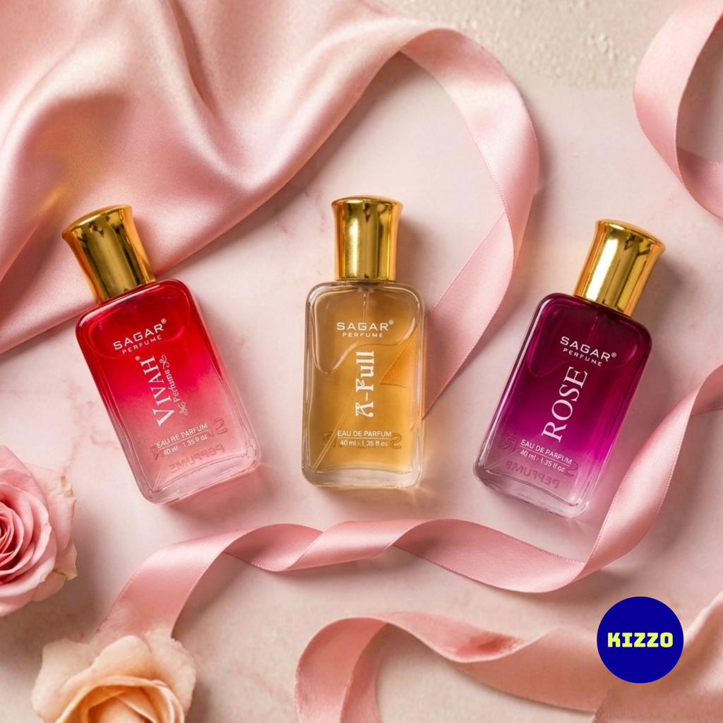 Perfume Gift Set for Raksha Bandhan - For Women - 3 x 40ml - Sagar Perfume - Vivah Red, A-Full, Rose - Kizzo