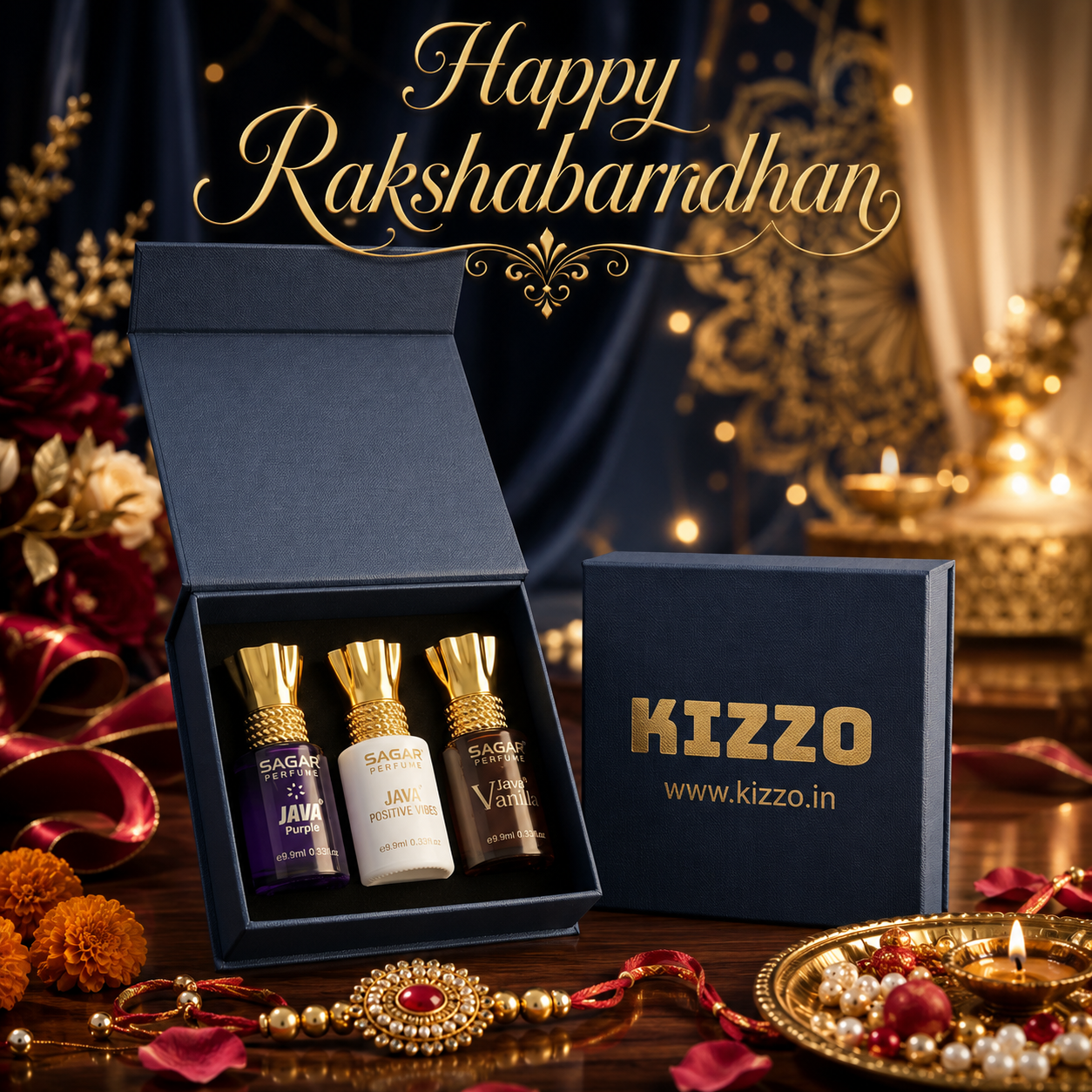 Perfume Gift Set for Raksha Bandhan - For Women - Attar Gift Set - Non Alcoholic - Sagar Perfume - Java Positive Vibes, Java Vanilla, Java Purple- Kizzo
