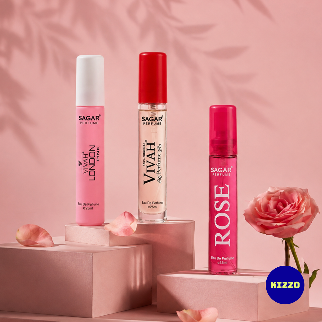 Perfume Gift Set for Raksha Bandhan - For Women - 3 x 25ml - Sagar Perfume - Vivah London Pink, Vivah Red, Rose - Kizzo