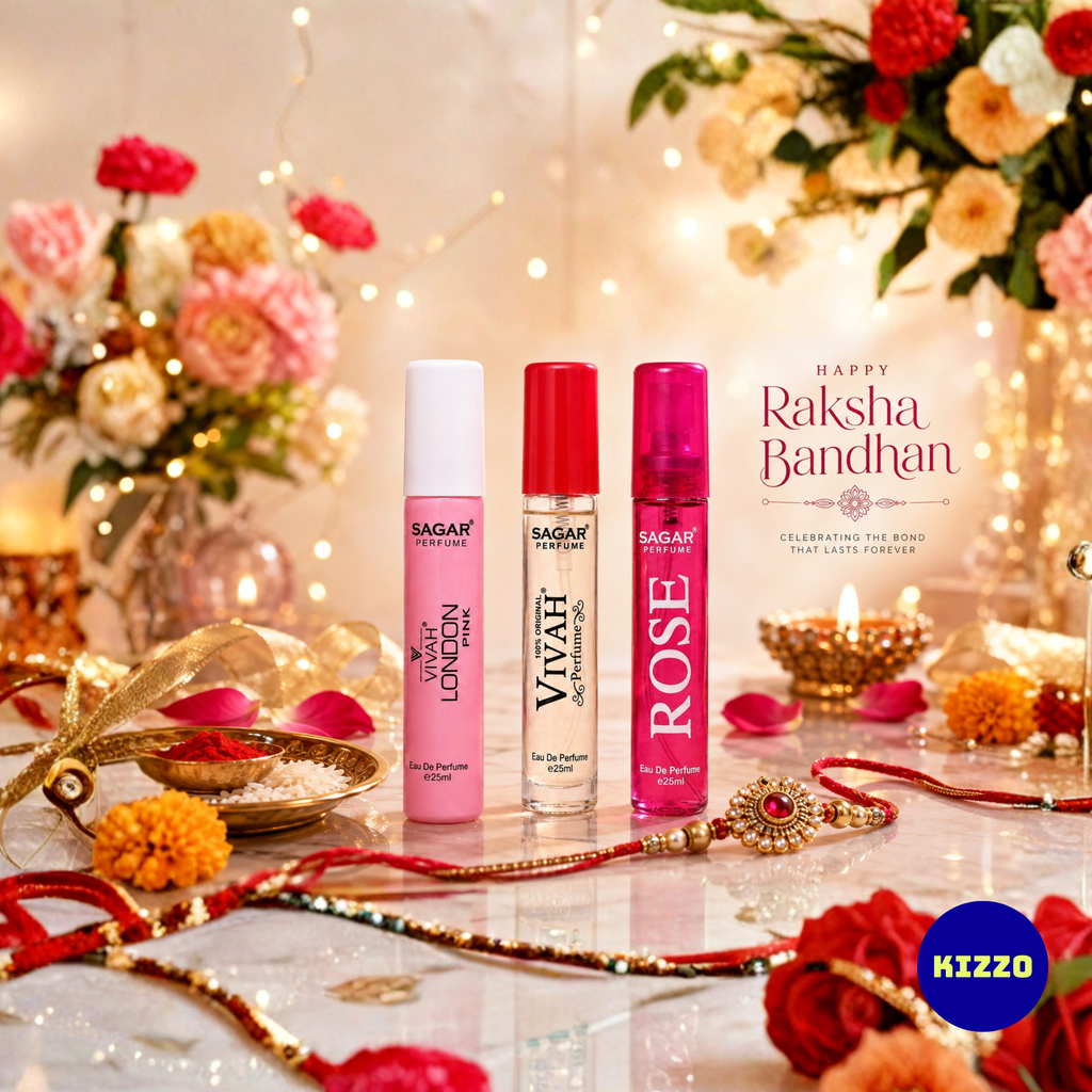 Perfume Gift Set for Raksha Bandhan - For Women - 3 x 25ml - Sagar Perfume - Vivah London Pink, Vivah Red, Rose - Kizzo