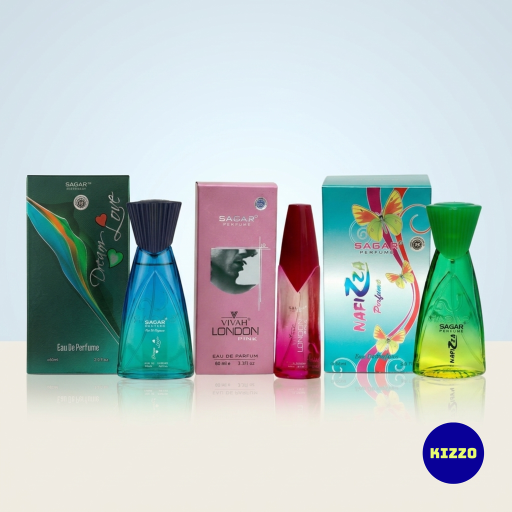 Perfume Gift Set for Raksha Bandhan - For Women - 3 x 60ml - Sagar Perfume - Dream Love, Nafizza, Vivah London Pink - Kizzo